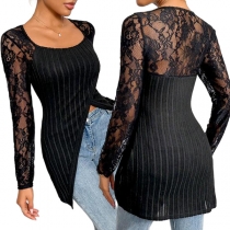 Long Sleeve Lace Insert Top with Irregular Hem Design