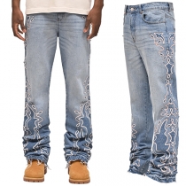 Unisex Gradient Embroidered Wide-Leg Denim Jeans