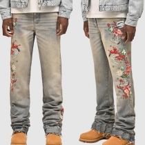 Elastic Waist Straight-Leg Jeans featuring Patchwork Denim Details