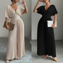 Pleated Batwing Sleeve Jumpsuit featuring Deep V Neck