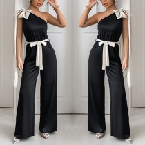 Fashion Contrast Color Bowknot Slant Shoulder Self-tie Straight-cut Jumpsuit