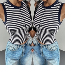 Casual Stripe Printed Crew Neck Front Button Sleeveless Tank Top