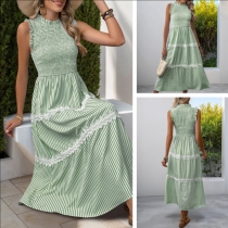 Fashion Smocked Bodice Crew Neck High-rise Lace Spliced Tiered Midi Dress