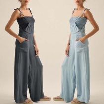Fashion Denim Two-piece Set Consist of Smocked Bandeau and Wide-leg Suspender Jumpsuit