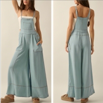 Vintage Multi-pockets Wide-leg Old-washed Denim Suspender Jumpsuit