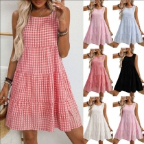 Casual Plaid Square Neck Sleeveless Tiered Dress