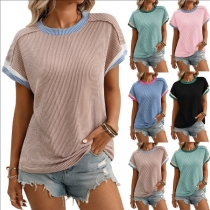 Casual Contrast Color Crew Neck Short Sleeve Ribbed Shirt