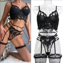 Sexy Floral Embroidery Ruffle Lingerie Set with Socks