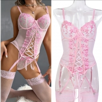 Sexy Floral Embroidery Front Lace-up Lingerie Bodysuit with Socks