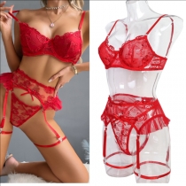 Sexy Floral Embroidery Ruffle Three-piece Lingerie Set