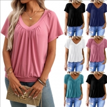Casual Solid Color V-neck Short Sleeve Shirt