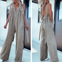 Casual V-neck Backless Side Pockets Wide-leg Old-washed Loose Denim Jumpsuit