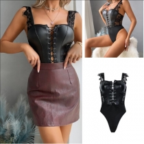 Fashion Front Lace-up Backless  Lace Spliced Artificial Leather Bodysuit