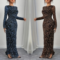 Slim-Fit Leopard Print Dress featuring Long Sleeves and Sheer Fabric