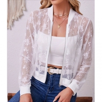 Casual Lace Panel Jacket featuring Front Zip Closure