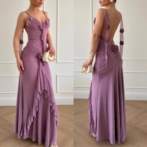 Fashion Ruffle V-neck Backless 3D Floral Decoration Maxi Party Dress