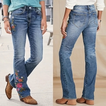 Embroidered Low Waist Slim Jeans featuring High-Stretch Elastic Waist