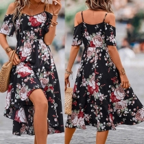 Fashion Floral Prined Open-shoulder High-rise Midi Dress