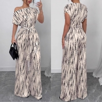 Striped Off-Shoulder Jumpsuit with Wide-Leg Pants and Tie Details