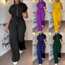 Drawstring Crop Top and High-Waist Slit Pants Two-Piece Set