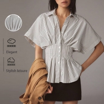 Slim-Waist Striped Shirt with Pleated Details