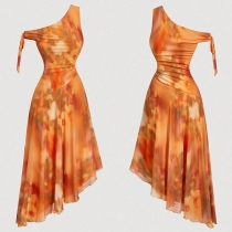 Elegant Asymmetric One-Shoulder Mesh Print Resort Dress