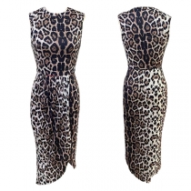 Leopard Print Pleated Skirt and Sleeveless Top Set with Cross Design