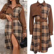 Vintage Corduroy Spliced Plaid Shirt Dress with Belt