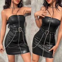 Sexy Strapless Front Zipper Artificial Leather PU Bodycon Lingerie Dress with Belt