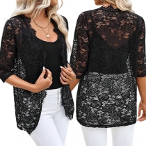 Lace Cardigan Top featuring Placket Design and Decorative Stitching