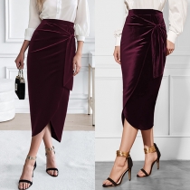 Elegant Velvet Slit Skirt with Twisted Drape Detail