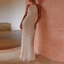 Breathable Lace Fabric Backless Ruffle Hem Maxi Dress