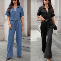Fashion Denim Two-piece Set Consist of Crop Denim Shirt and Straight-cut Denim Pants