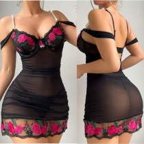 Sexy Sweetheart Neckline Open-shoulder Floral Embroidered Semi-through Nightwear Dress