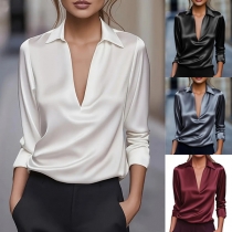 Solid Color V-Neck Long Sleeve Shirt