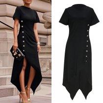 Elegant Crew Neck Short Sleeve Side Button Irregular Hemline Black Dress