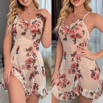 Fashion Floral Printed V-neck Backless Semi-through Nightwear Dress