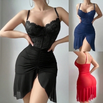 Fashion Lace Spliced Gauze Sweatheart Neckline Irregular Hemline Nightwear Dress