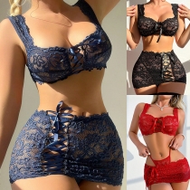 Sheer Lace Floral Bra and Short Set with Strap Details