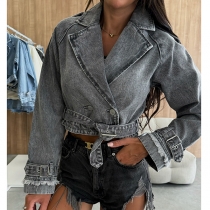 Casual Denim Jacket with Suit Collar and Washed Finish