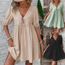 Loose Fit Deep V-Neck A-Line Dress with Tie Front