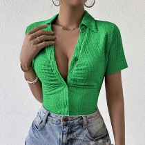Solid Color Knit Crop Top Short Sleeve Breathable Shirt