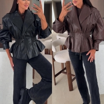 Fashion Puff Sleeve Lapel Cinched Waist Artificial Leather PU Crop Jacket