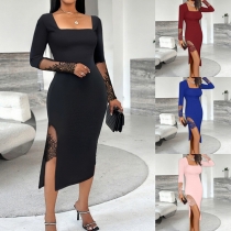 Solid Color Bodycon Dress with Lace Panel and Side Slit