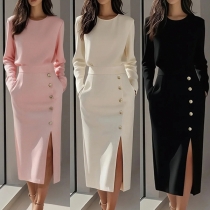 Elegant Crew Neck Long Sleeve High-Rise Side Button Slit Midi Dress