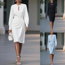 Elegant Solid Color Crew Neck Front Cutout Ruched Waist Long Sleeve Dress