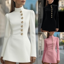 Elegant Mock Neck Button Long Sleeve Mini Dress