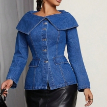 Tailored Denim Top with Large Lapel Accent