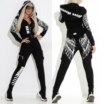 Wing Print Hooded Tracksuit with Zipper Street Style
