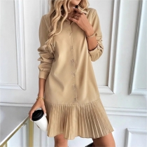 Fashion Stand Collar Long Sleeve Front Button Pleated Hemline Shirt Dress